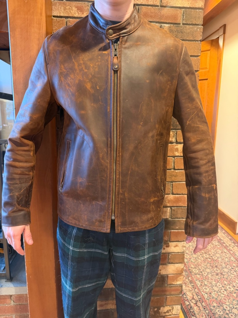 Schott Men's Brown Distressed Leather Jacket. Racer style